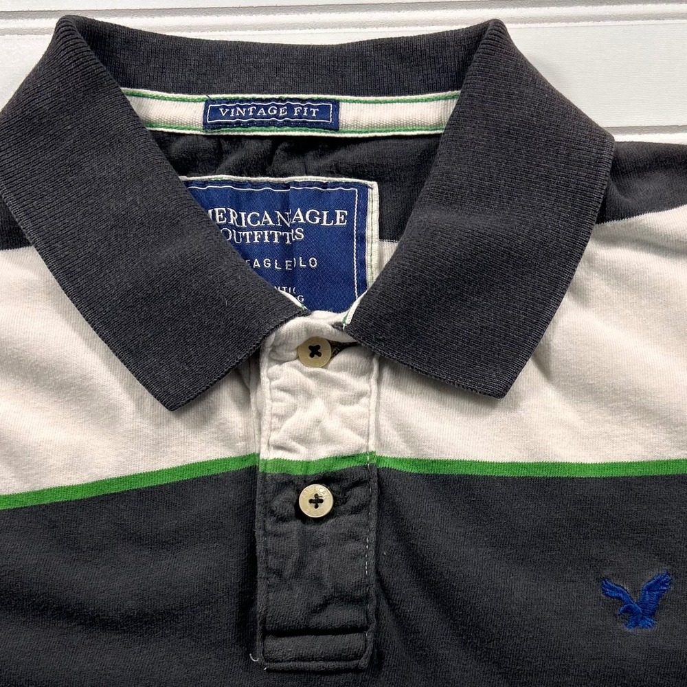 VTG American Eagle The Eagle Polo Mens M Charcoal Grey White Striped Vintage Fit